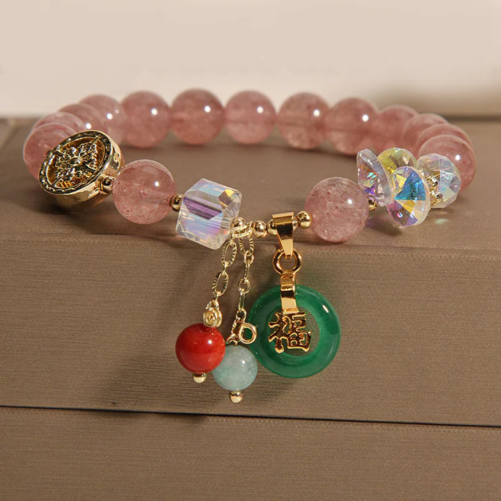 1 Strawberry Quartz Jade Fu Character Charm Healing Bracelet - Image 1